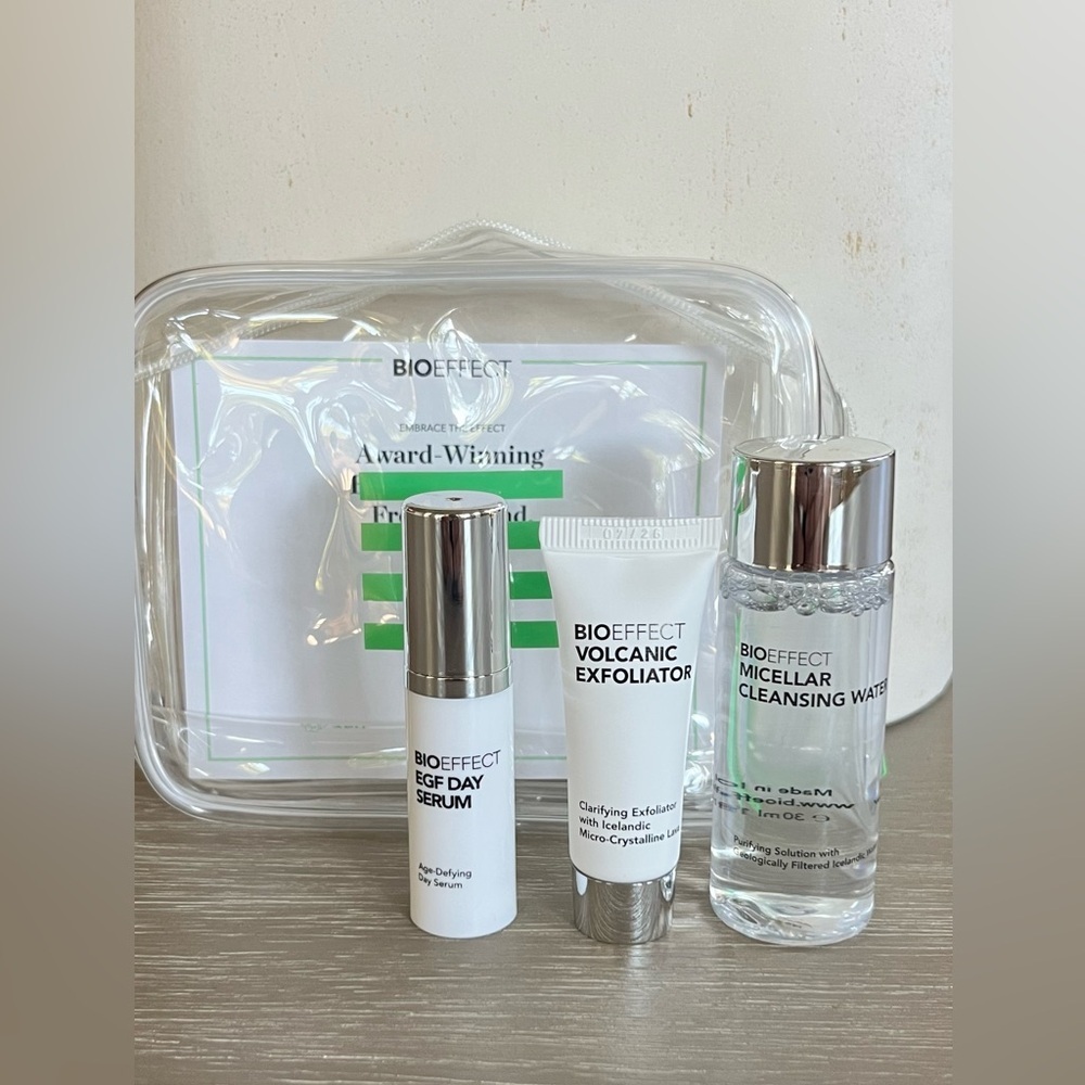 BIOEFFECT Flawless Radiance Trio Serum, Exfoliator, Cleansing Water Travel Size